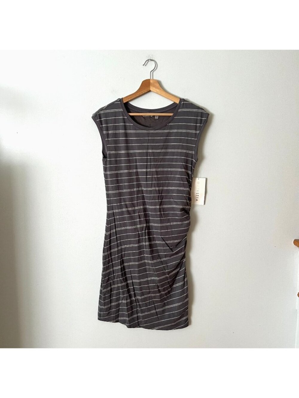 NWT Athleta Carefree Ruched Tee Dress Gray White Stripe Women's Size Medium